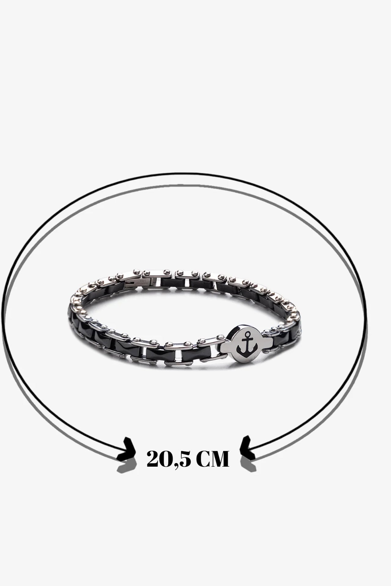 Siyah ve gümüş rengi metal bileklik, 20,5 cm uzunluğunda, çapa detaylı