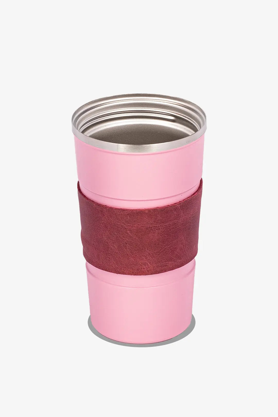 Pembe metal termos bardak, koyu kırmızı deri kılıflı
