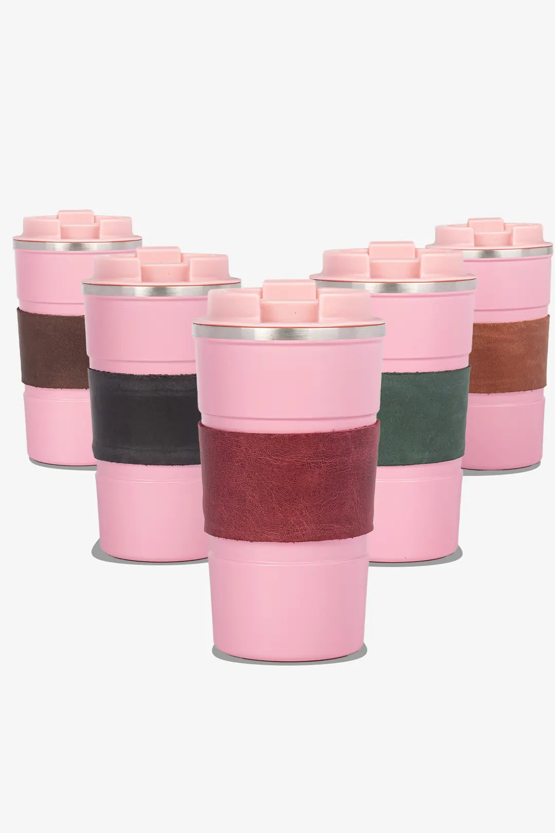 Pembe renkli deri kılıflı seyahat kahve kupası