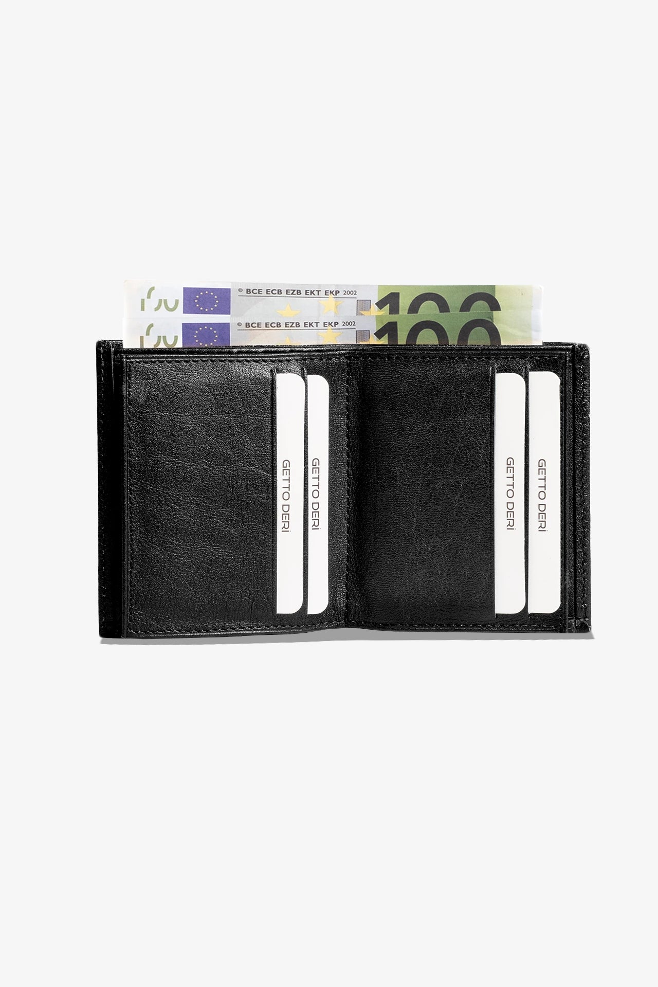 Siyah deri cüzdan, kart bölümleri ve euro banknotları ile