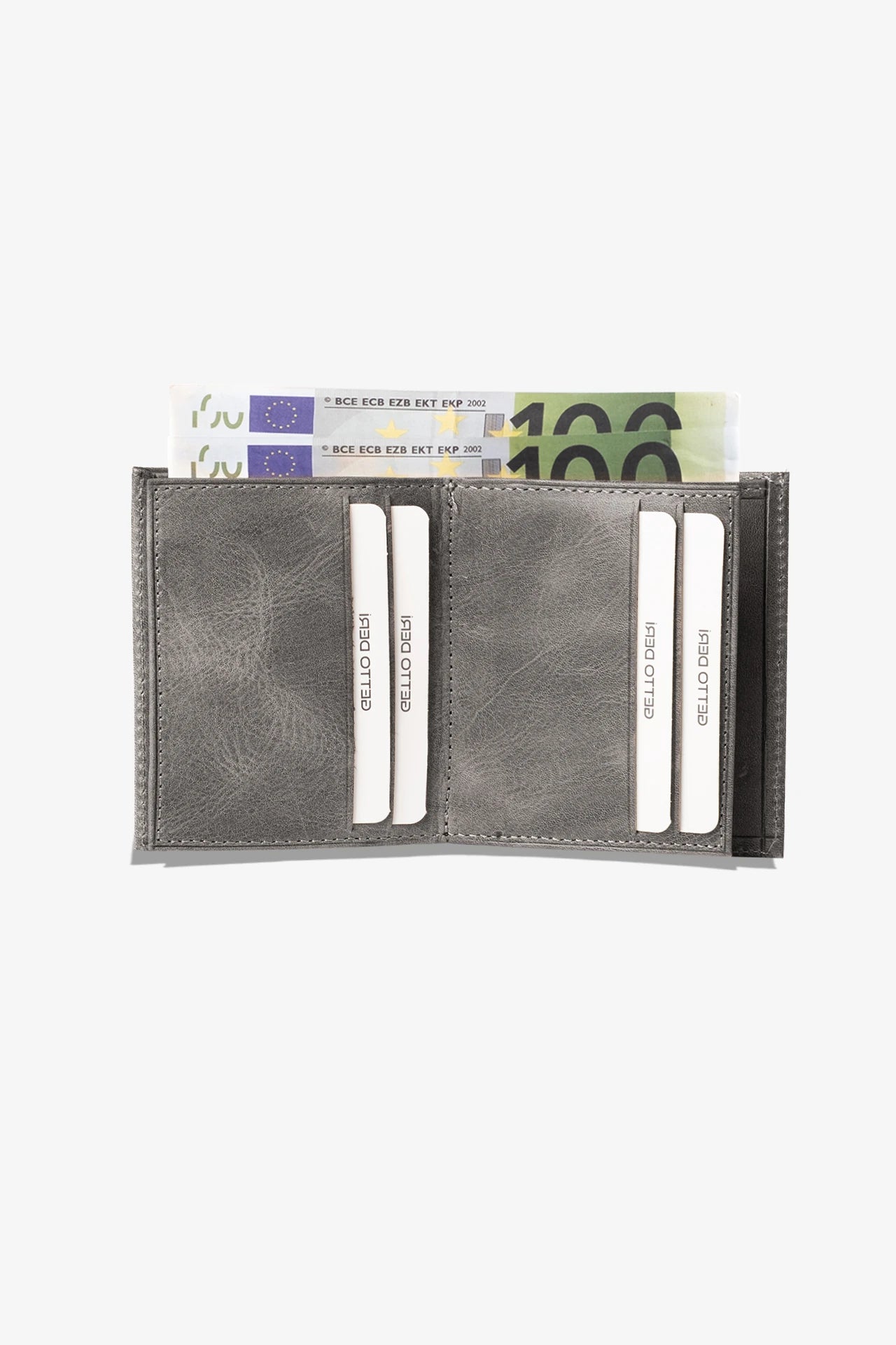 Gri deri cüzdan, kart ve euro banknotu içeren