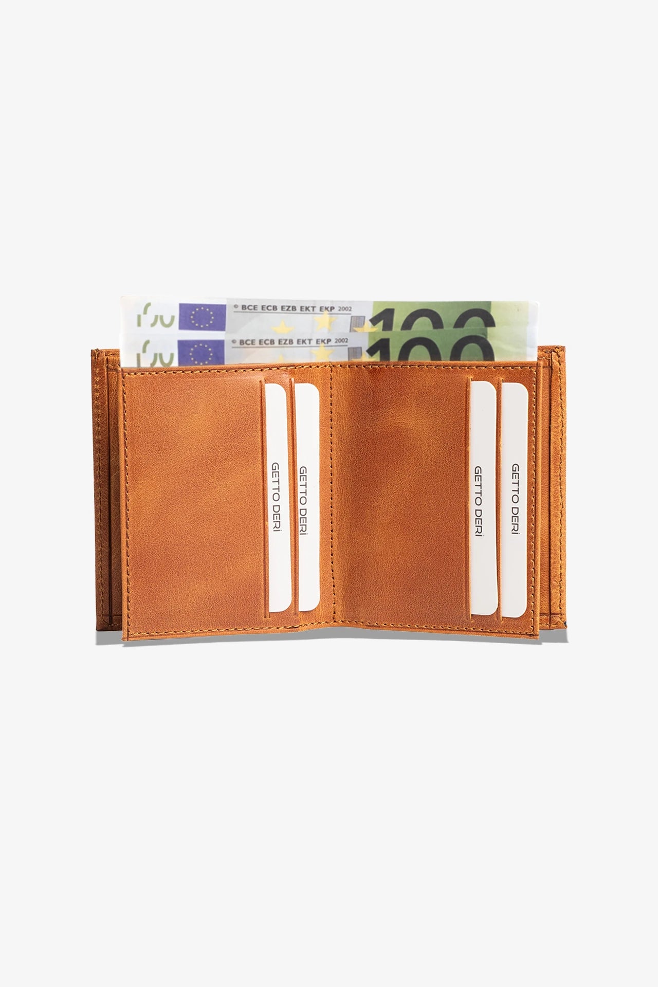 Kahverengi deri cüzdan, kart bölümlü ve euro banknotlu
