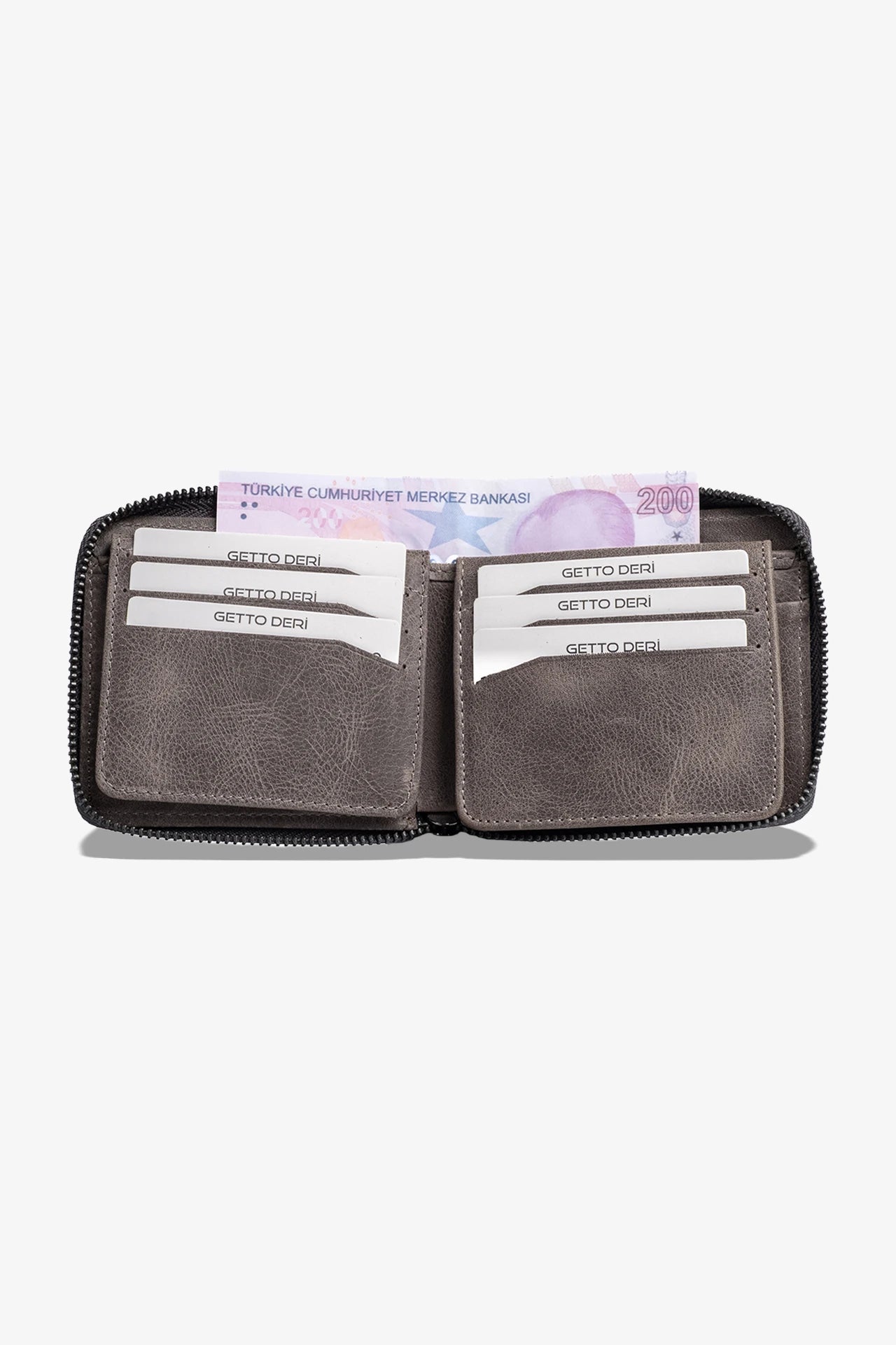 Koyu gri deri cüzdan, kart ve para bölümlü, fermuarlı