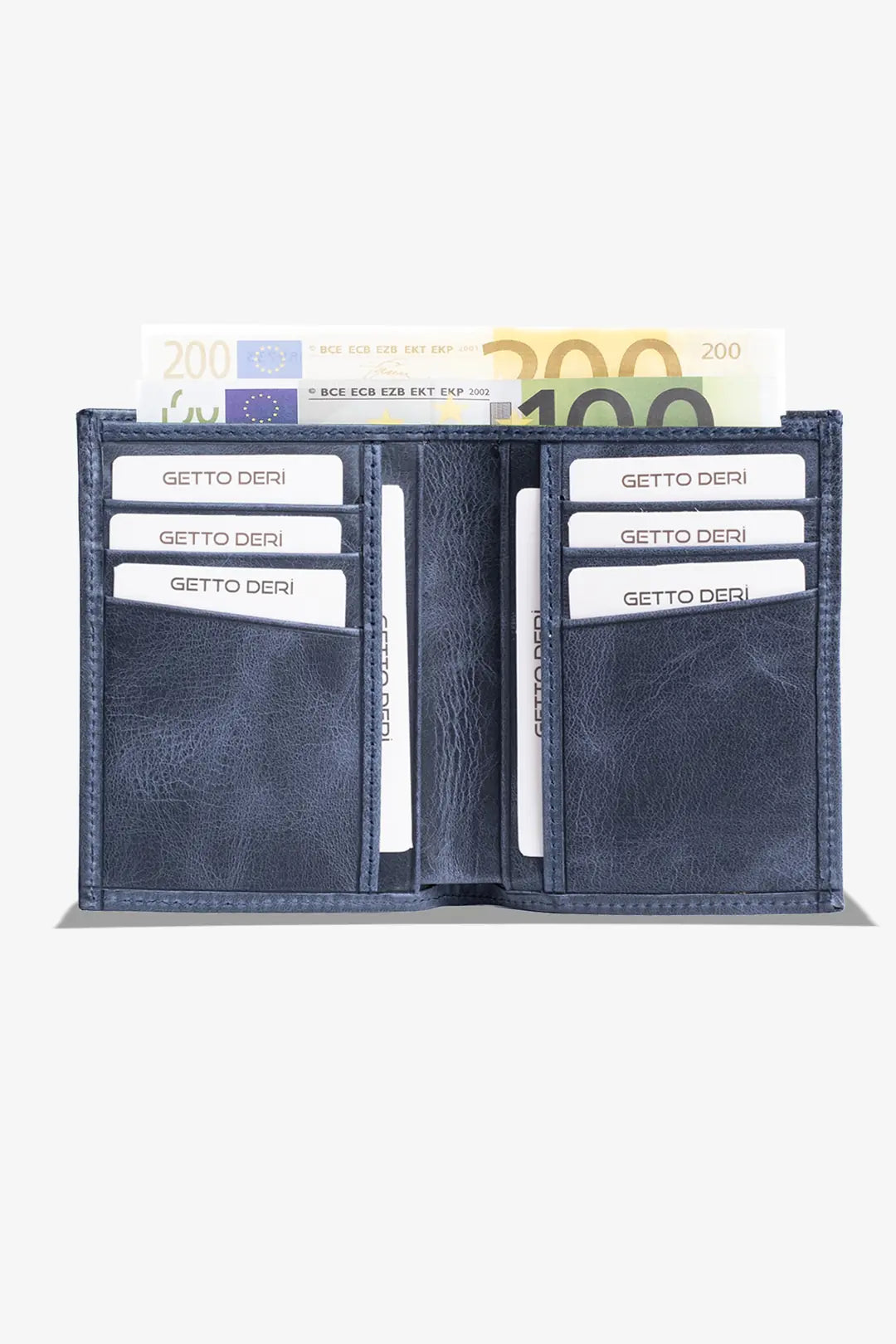 Mavi deri cüzdan, kart ve euro banknotları ile açık