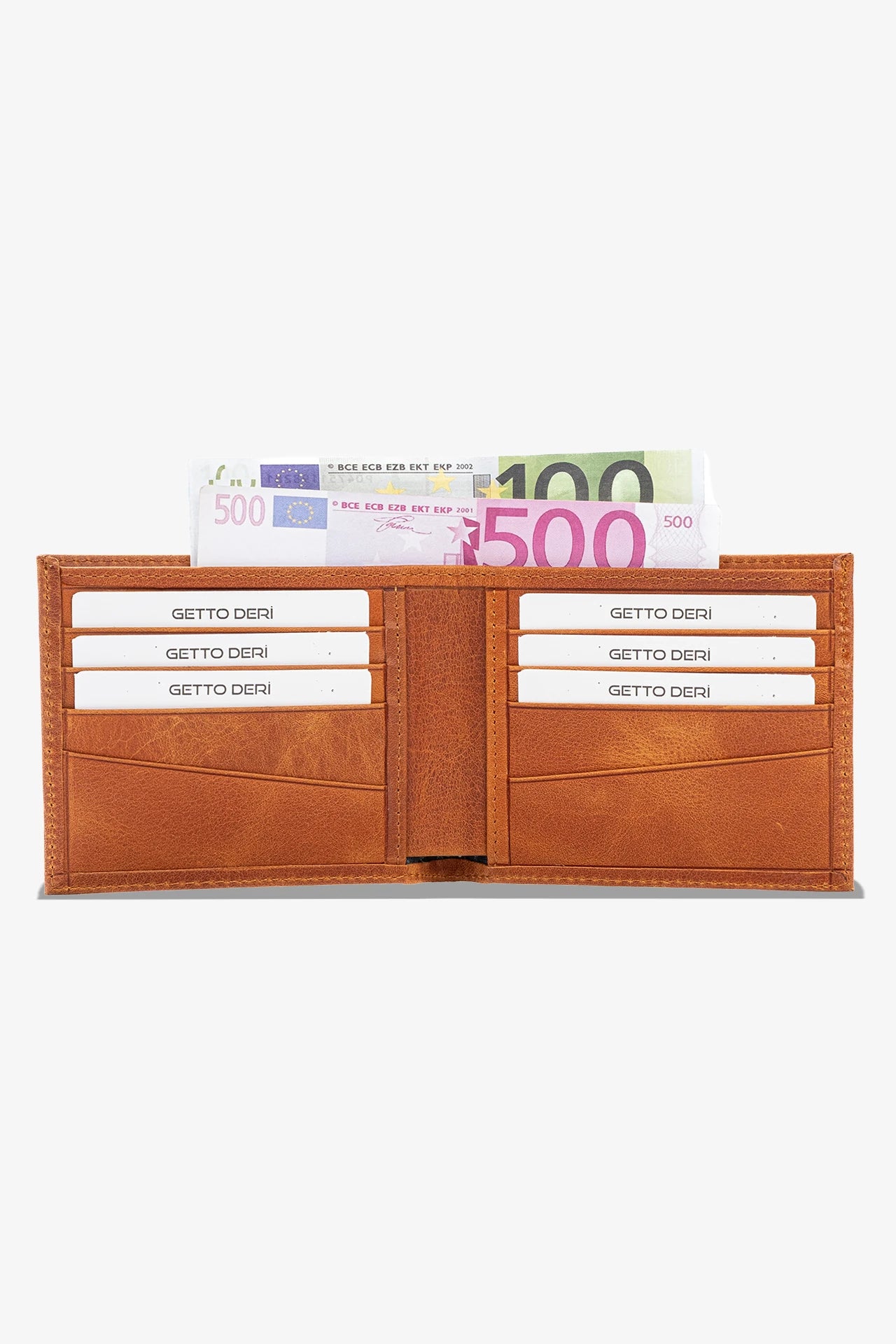 Kahverengi deri cüzdan, kart ve euro banknotları ile dolu