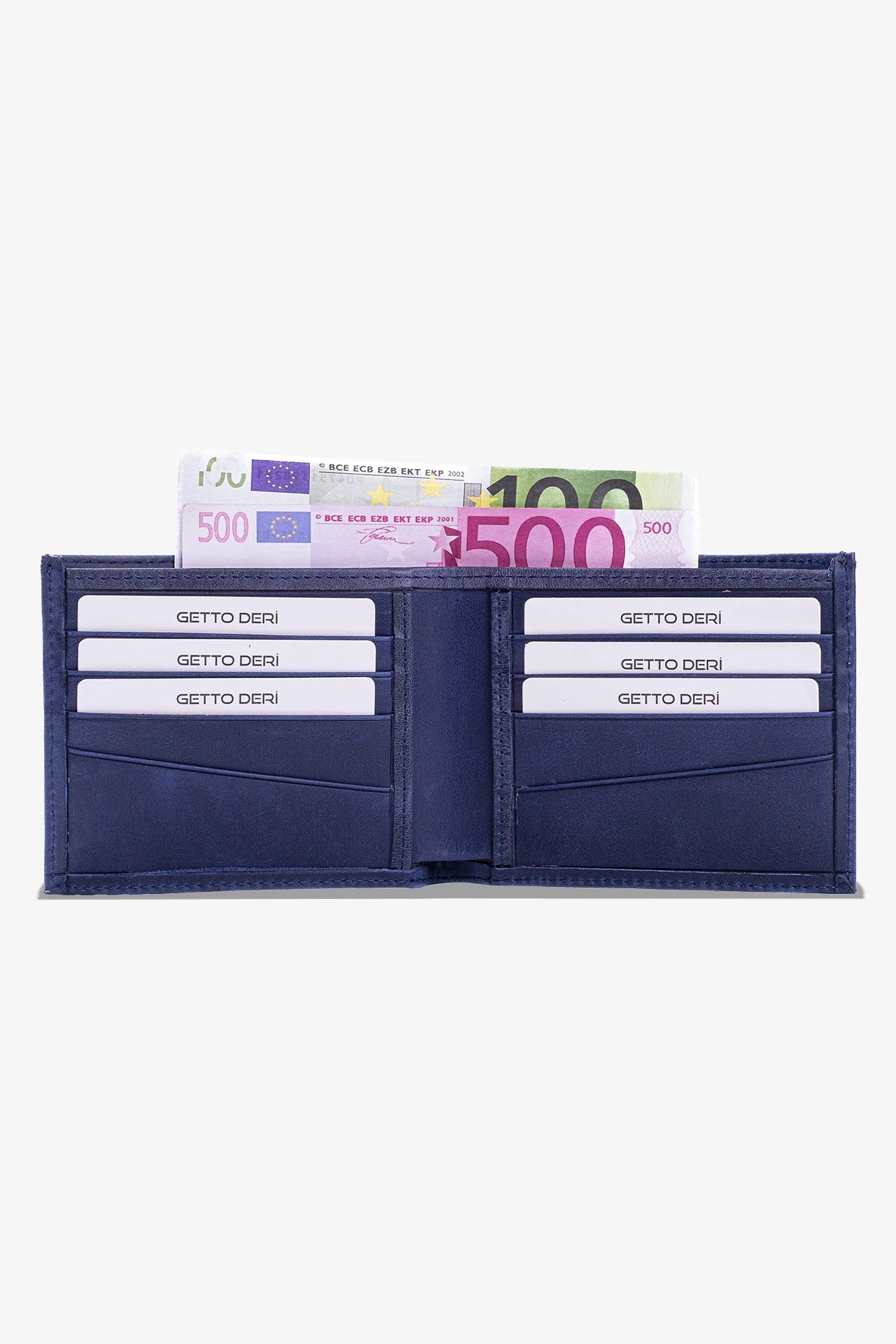 Mavi deri cüzdan, kart bölümleri ve euro banknotlarıyla
