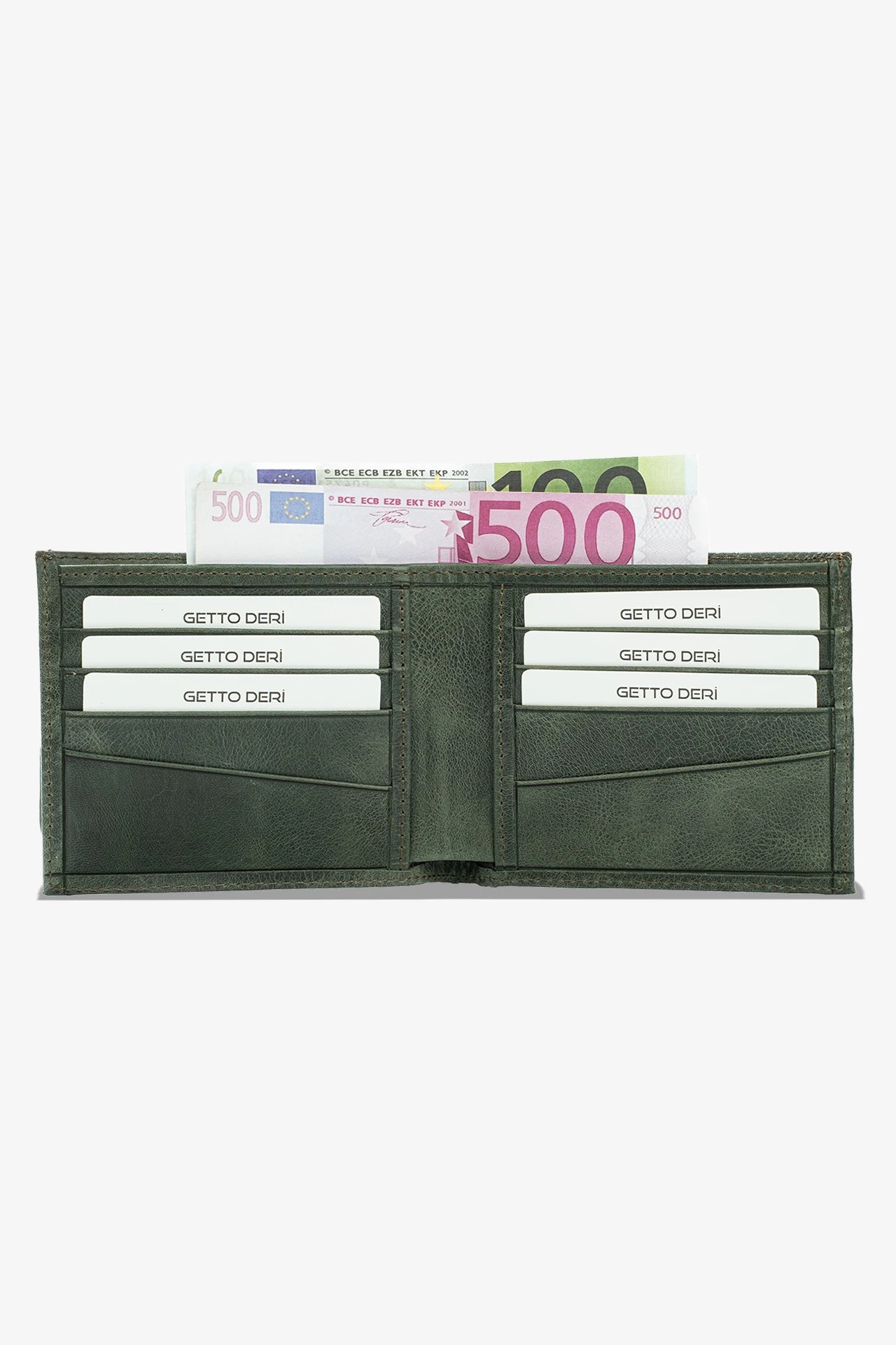 Yeşil deri cüzdan, kart ve para bölümlü