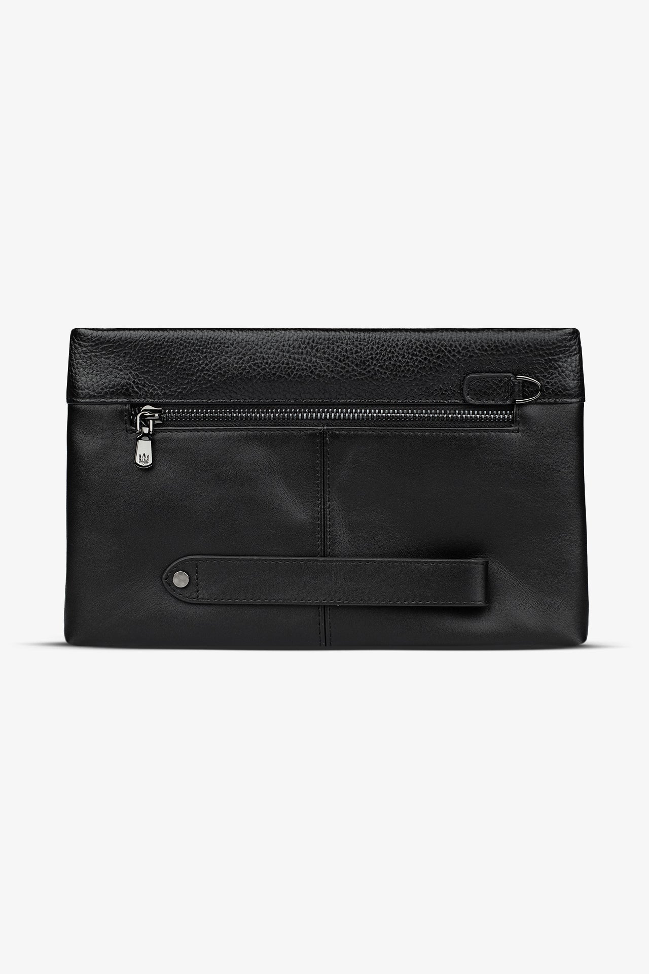 Siyah deri el çantası, fermuarlı kapak ve taşınabilir koluyla