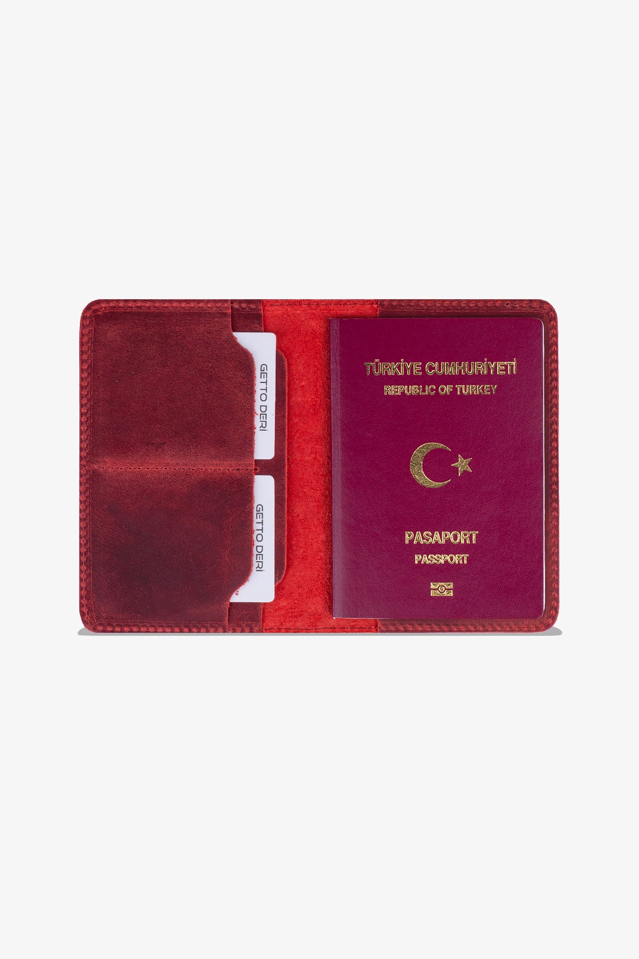 Kırmızı deri pasaport kılıfı, kart bölmesiyle birlikte