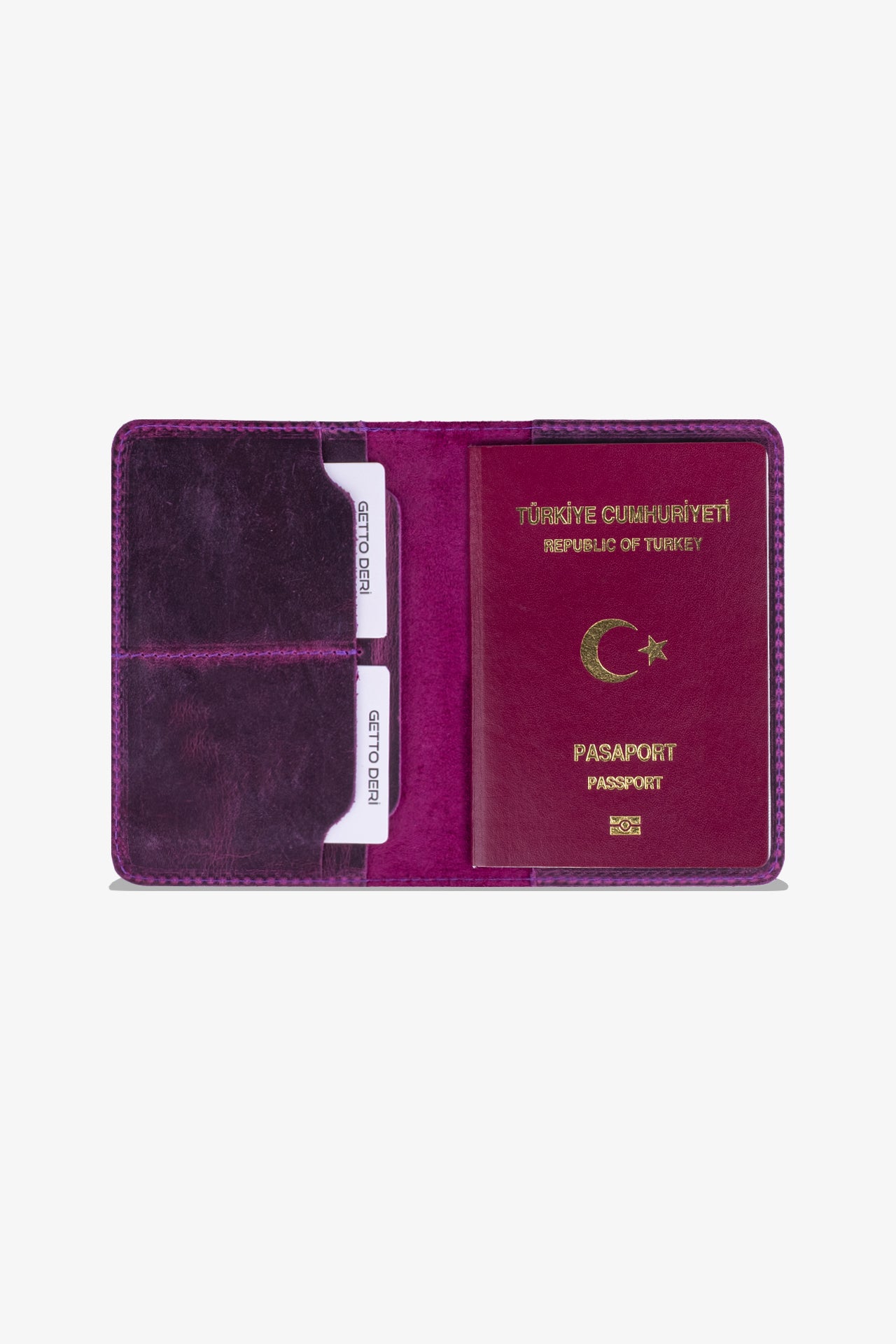 Mor deri pasaport kılıfı, kartlık ve pasaport içeren
