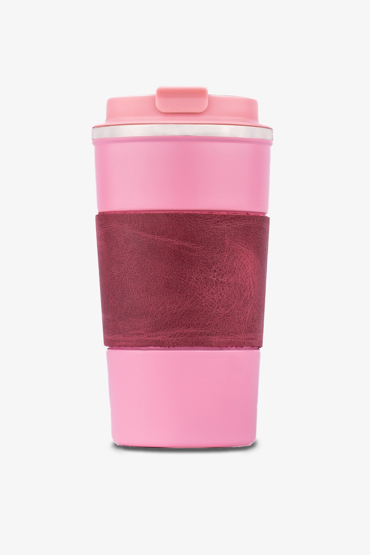 Pembe renkli deri kaplamalı seyahat kahve kupası