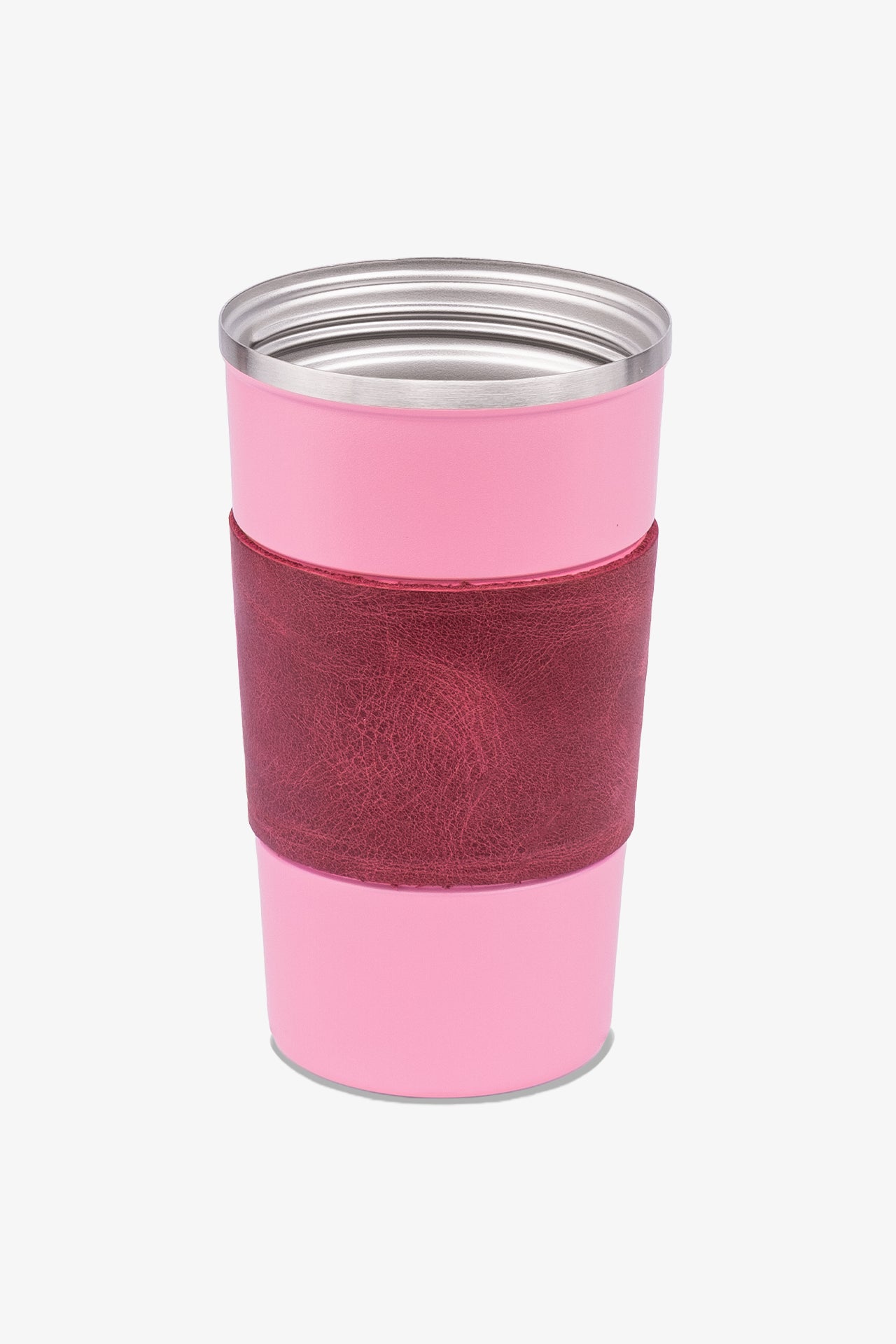 Pembe metal termos bardak, kırmızı deri kılıflı