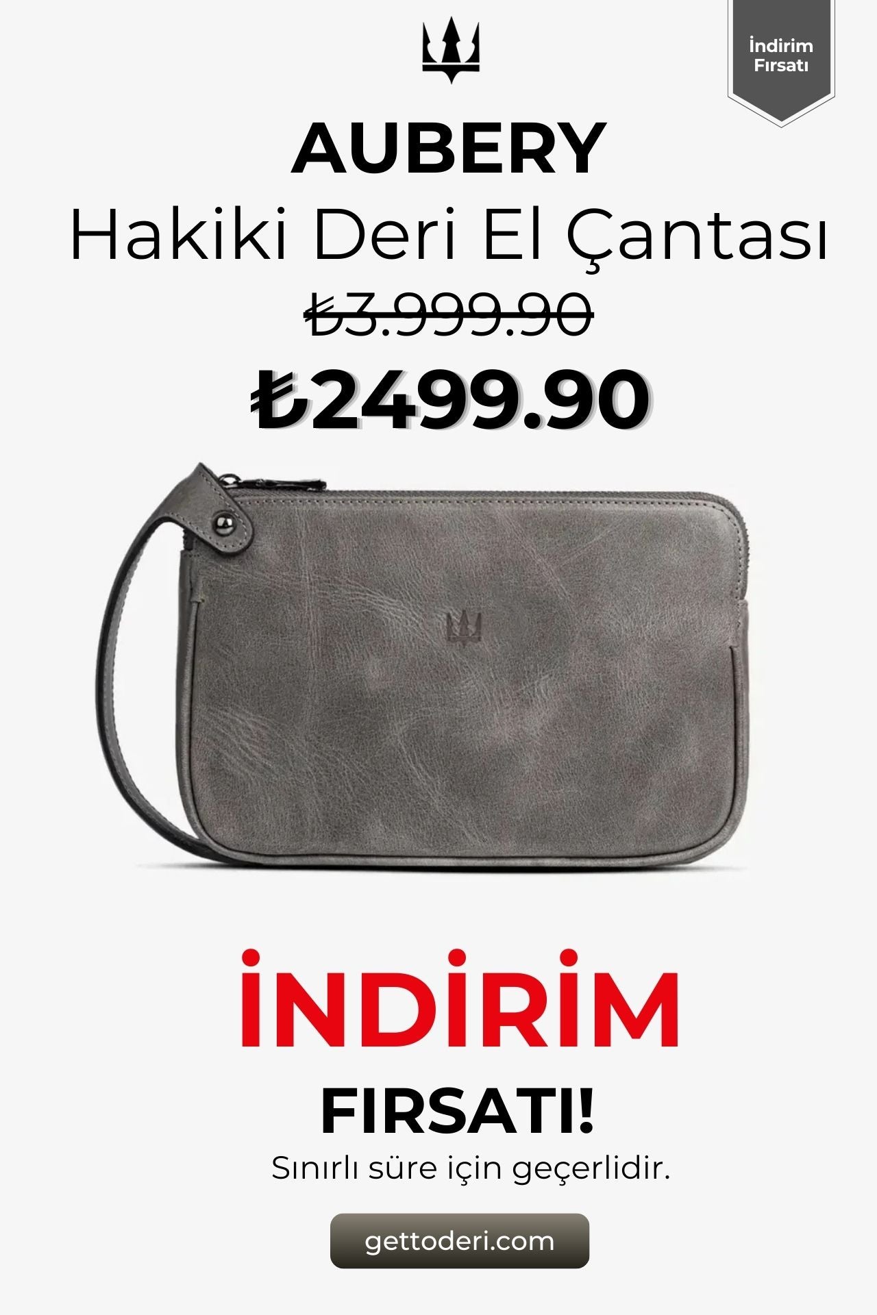 Gri hakiki deri el çantası, fermuarlı, kol askılı
