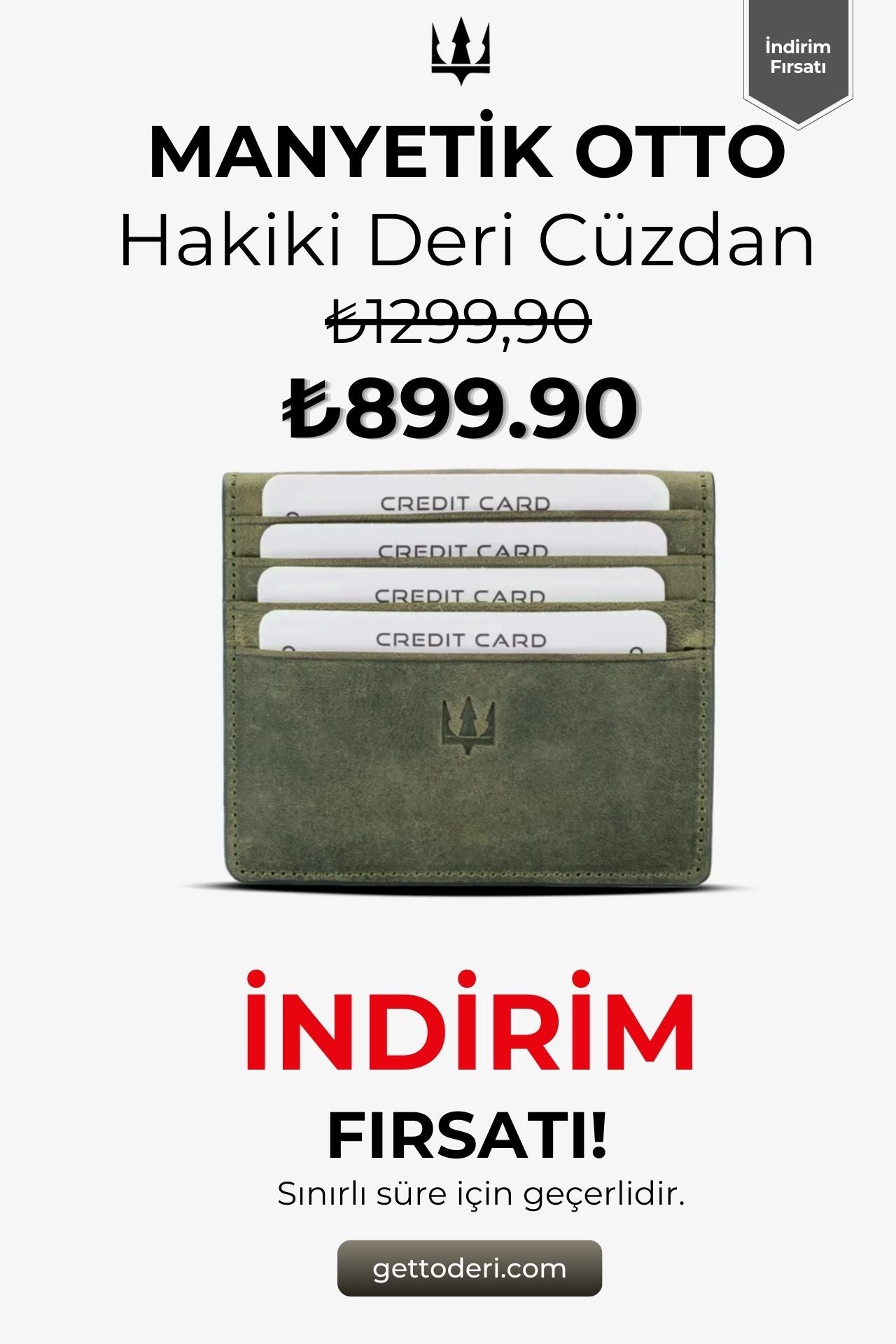 Hakiki deri kartlık, yeşil renkli, manyetik kapanışlı, kredi kartı tutucu