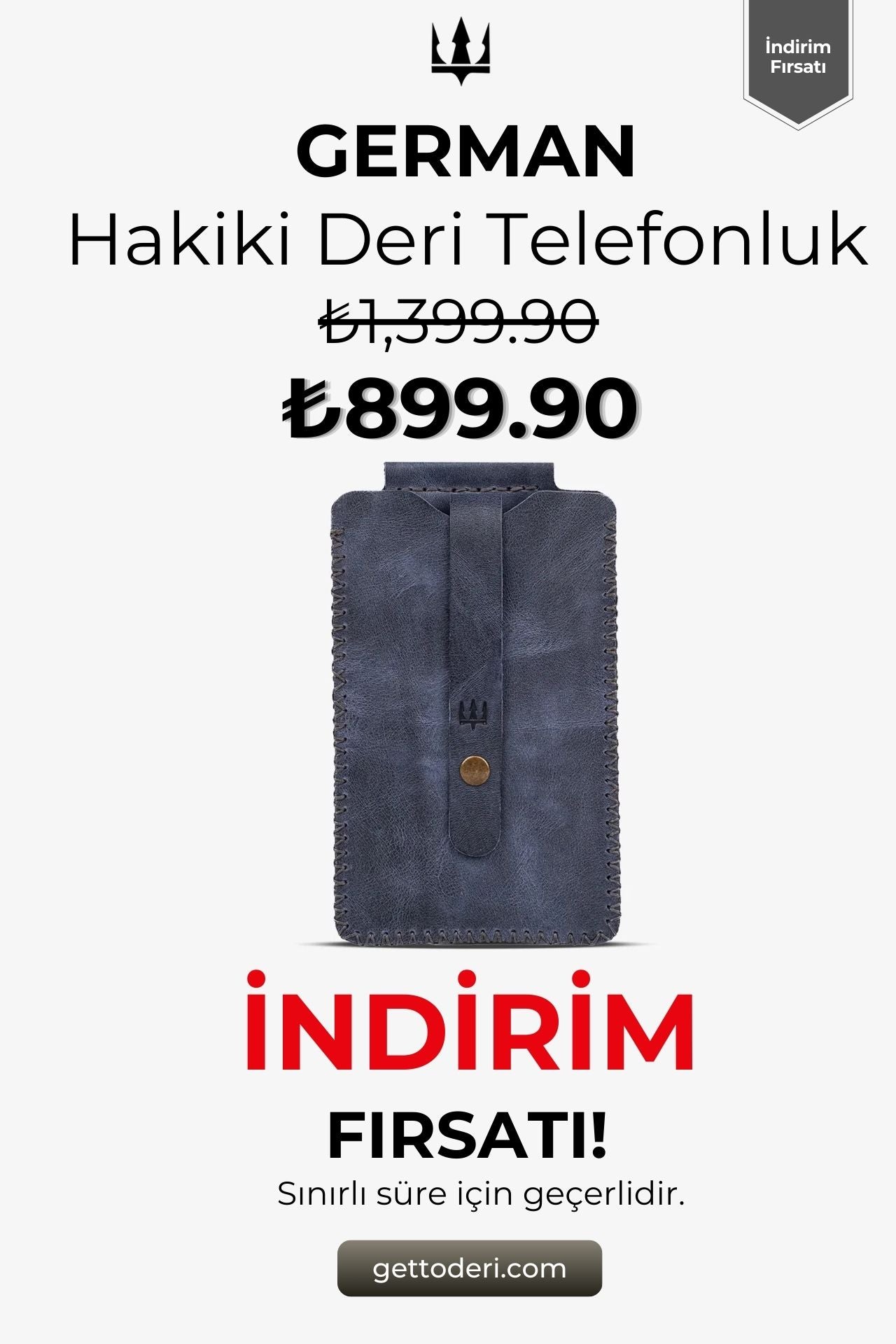 Koyu mavi hakiki deri telefon kılıfı, fermuarlı tasarım