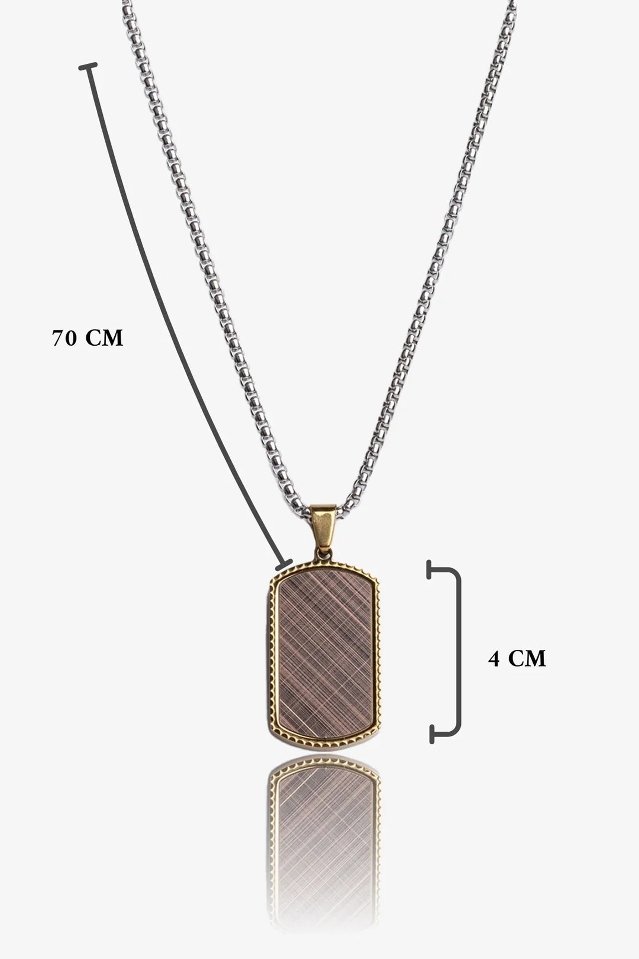 70 cm uzunluğunda, 4 cm genişliğinde metal kolye, bronz kaplama askeri stil kolye