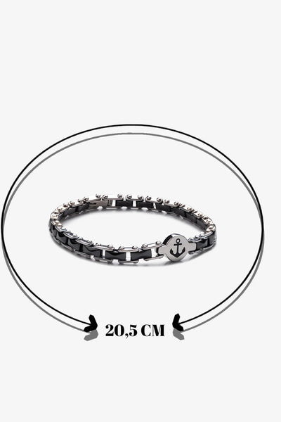 Siyah ve gümüş rengi metal bileklik, 20,5 cm uzunluğunda, çapa detaylı