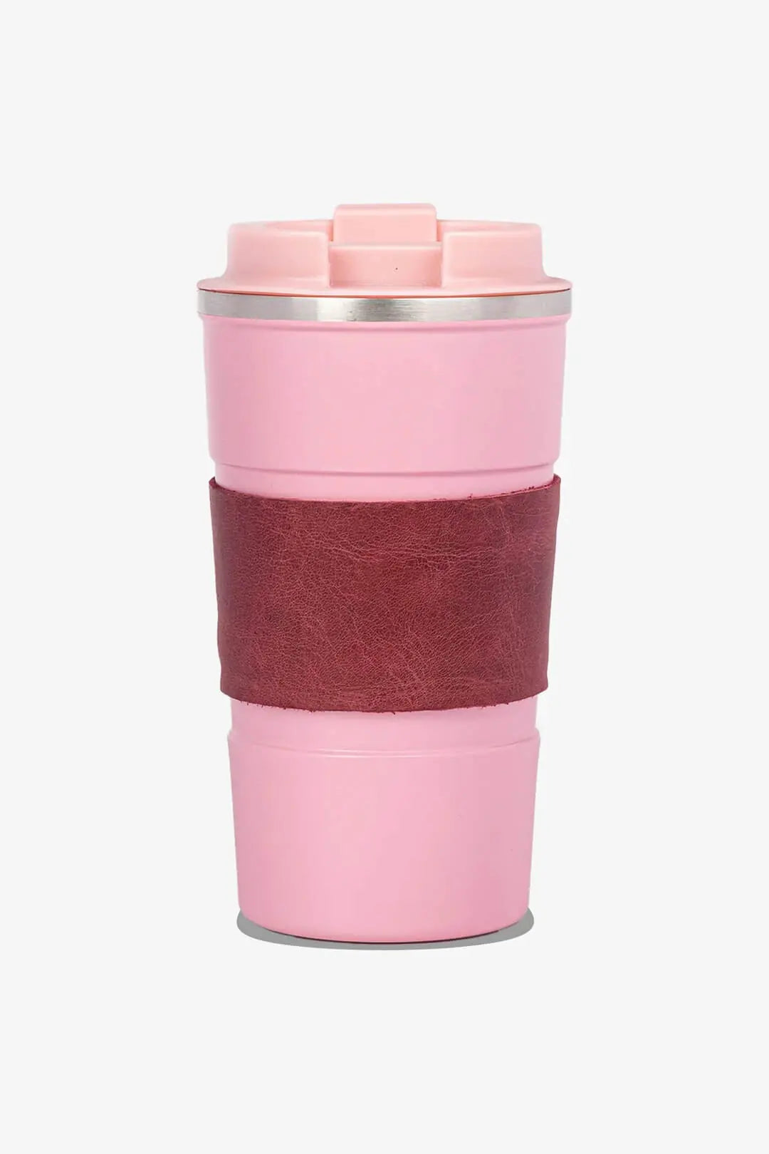Pembe seyahat kahve kupası, koyu kırmızı deri kılıflı