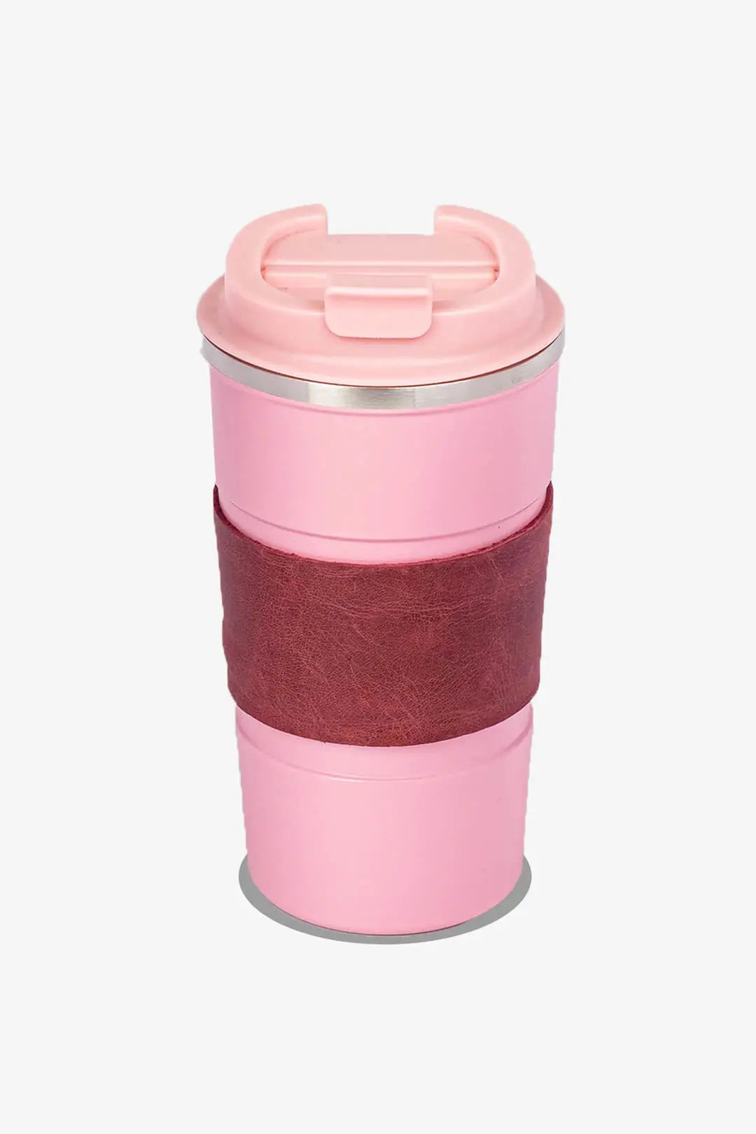 Pembe renkli deri kılıflı seyahat kahve kupası