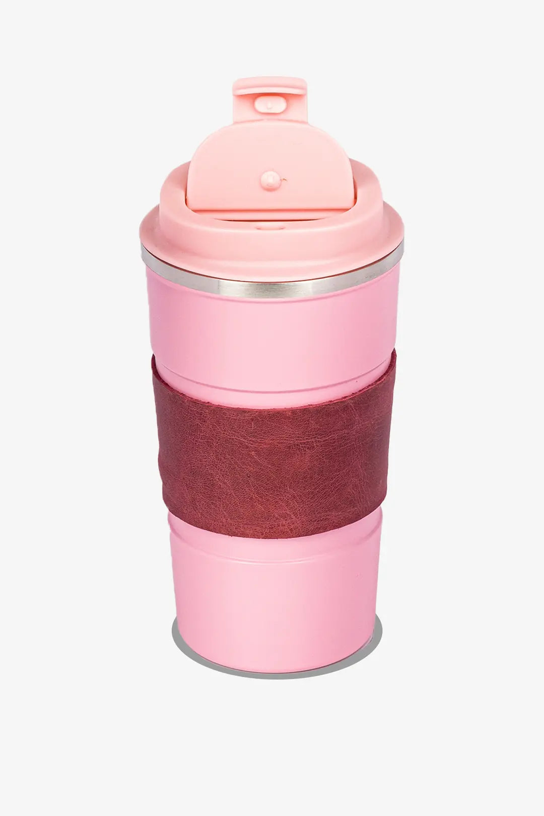 Pembe renkli deri kılıflı seyahat kahve kupası
