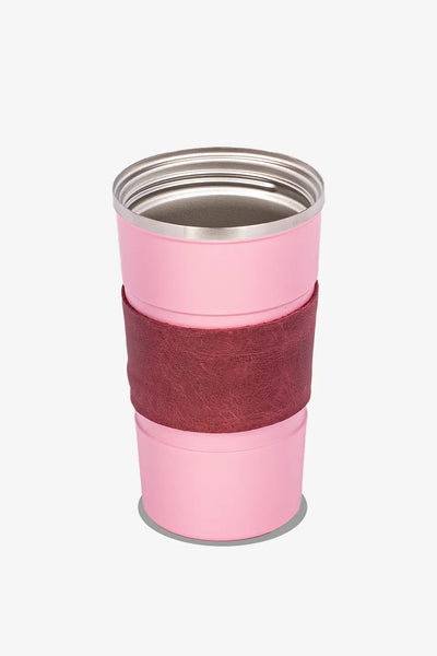 Pembe metal termos bardak, koyu kırmızı deri kılıflı