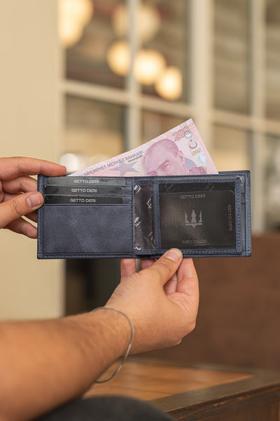 Mavi deri cüzdan, kart bölümlü ve para tutucu, el yapımı detaylı
