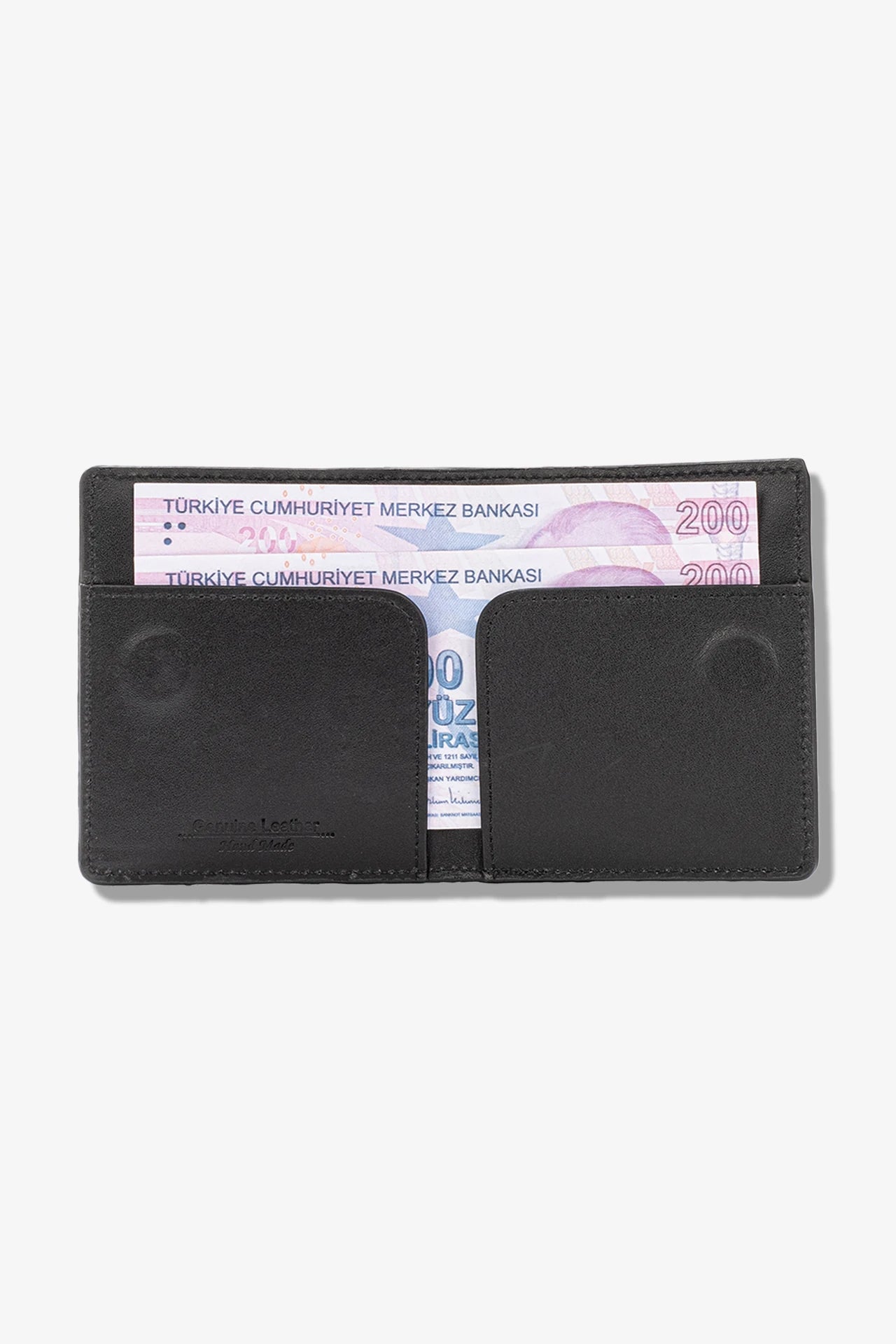 Siyah deri cüzdan, 200 TL banknotları ile birlikte