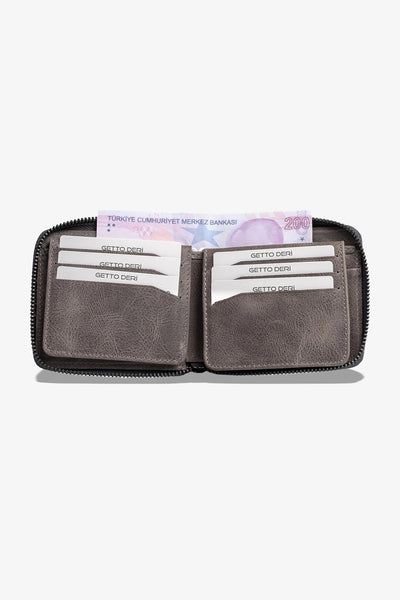 Koyu gri deri cüzdan, kart ve para bölümlü, fermuarlı