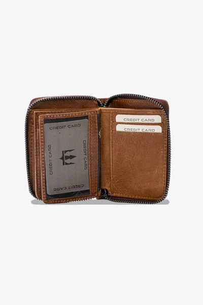 Kahverengi deri fermuarlı cüzdan, kartlık bölümlü