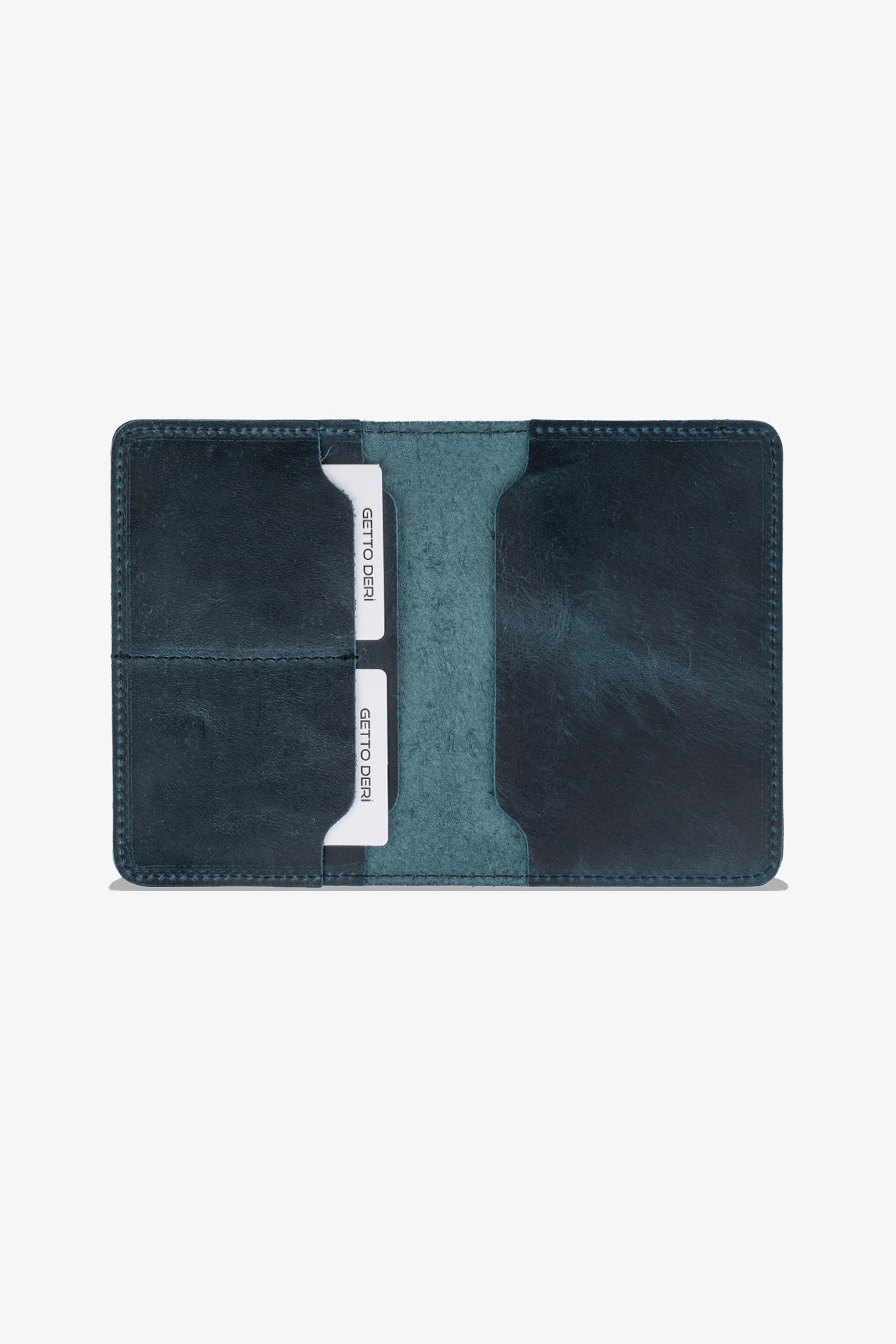 Koyu mavi deri kartlık, kart bölümlü, el yapımı detaylı