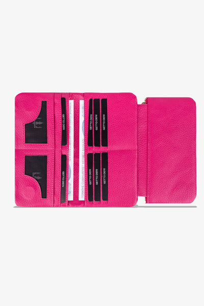 Parlak pembe deri cüzdan, kart ve para bölümlü