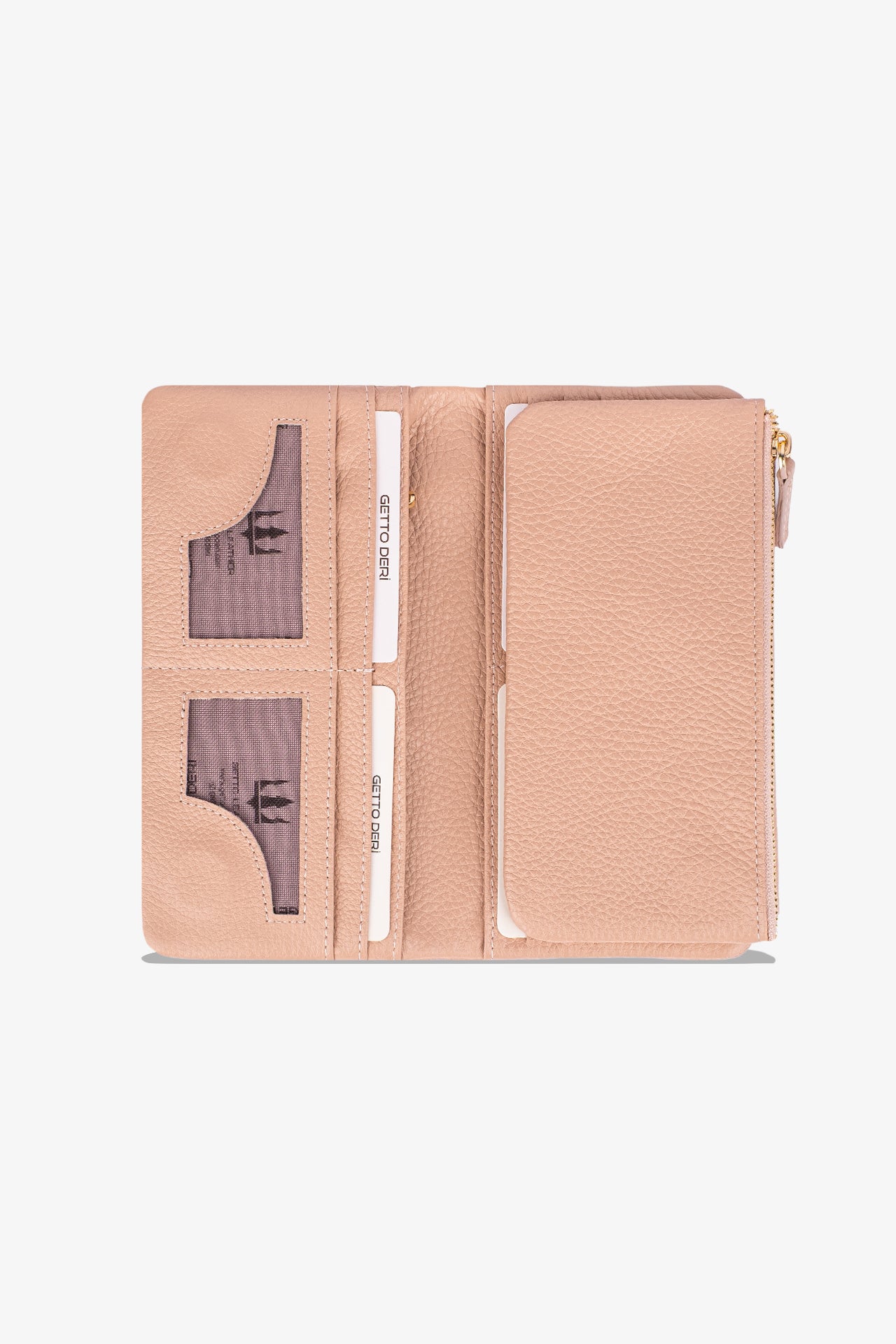 Pembe deri cüzdan, kart bölümlü ve fermuarlı