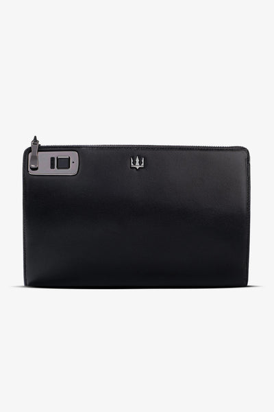 Siyah deri fermuarlı çanta, metal detaylı
