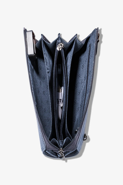 Mavi deri çok bölmeli çanta, içi düzenli ve pratik
