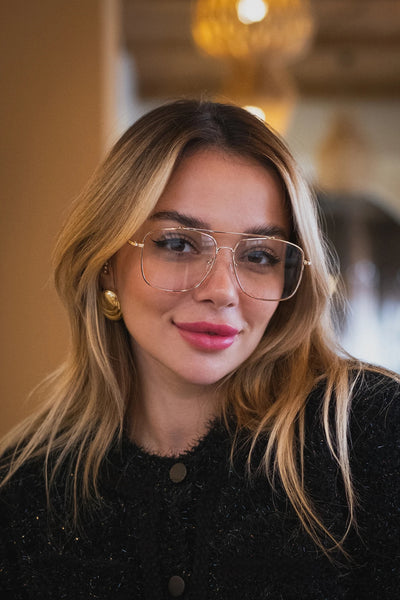 Kadınlar için altın renkli büyük kare güneş gözlüğü, moda aksesuarı
