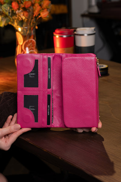 Pembe deri cüzdan, kartlık ve fermuarlı bölümlü