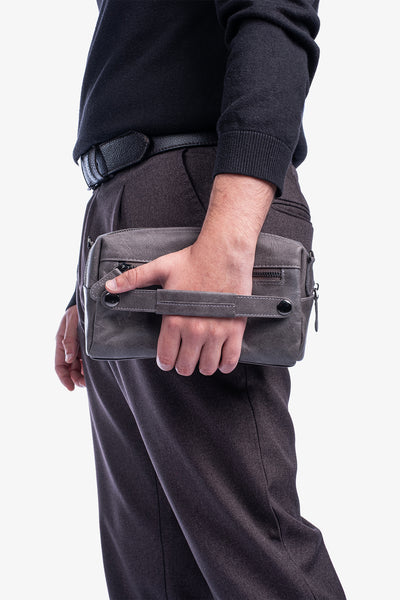 Gri deri bel çantası, fermuarlı bölümlü, erkek giyim aksesuarı