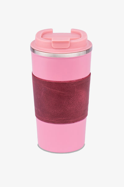 Pembe renkli deri kaplamalı seyahat kahve kupası
