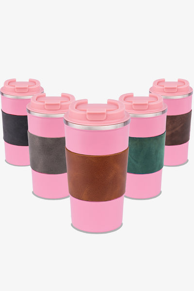 Pembe seyahat kahve kupası, deri detaylı, sızdırmaz kapaklı