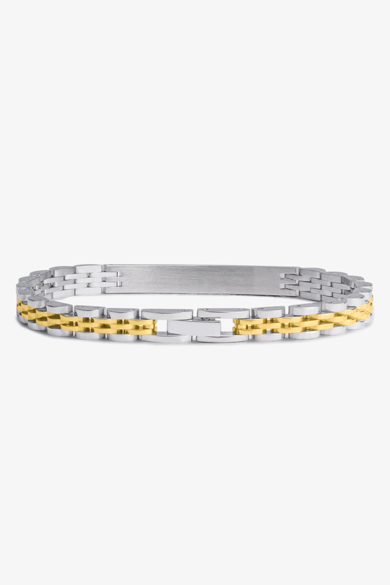 Gümüş ve altın rengi metal bileklik, modern zincir desenli