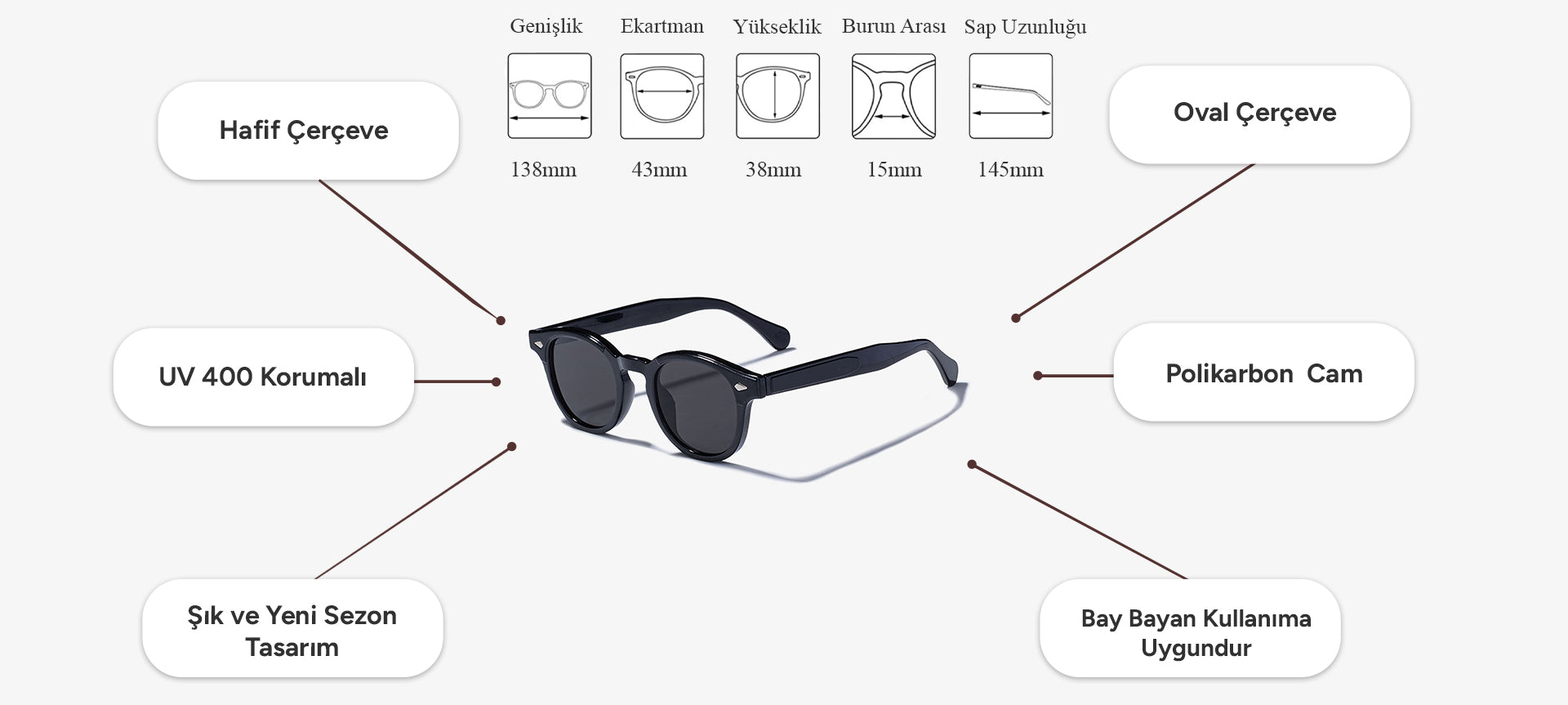 Siyah oval çerçeveli UV 400 korumalı polikarbon cam güneş gözlüğü