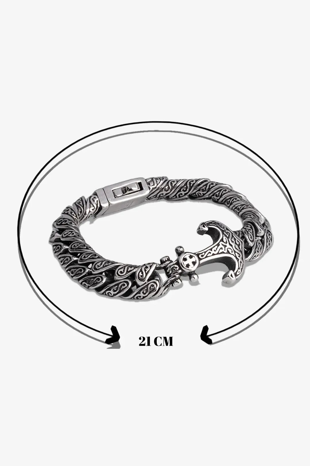 21 cm gümüş renkli, detaylı desenli metal bileklik