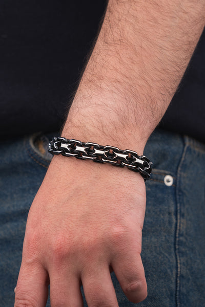 Siyah gümüş erkek bileklik, metal zincir detaylı, klasik tasarımlı