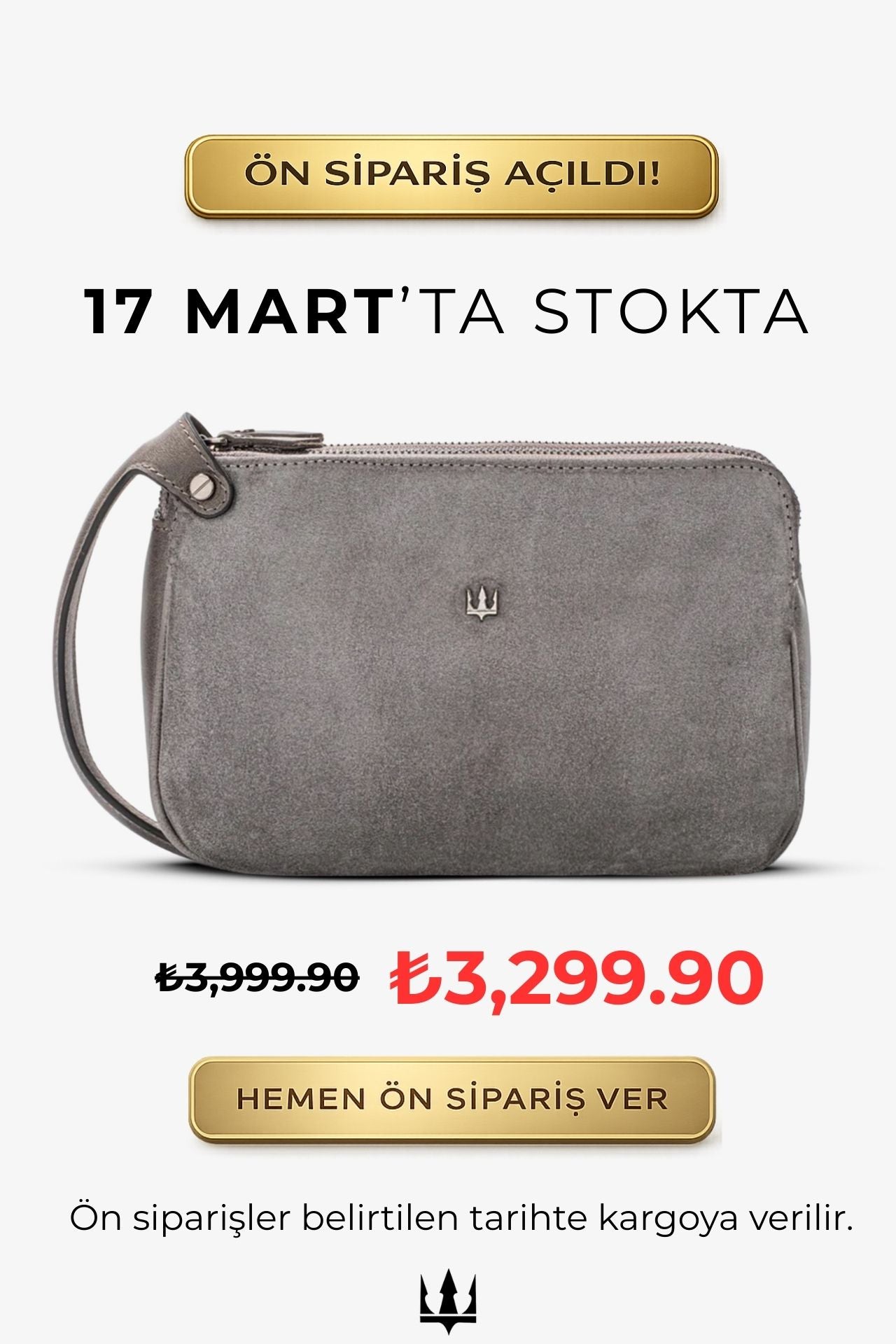 Gri deri el çantası, fermuarlı kapak ve bilek askısı ile stil ve fonksiyon