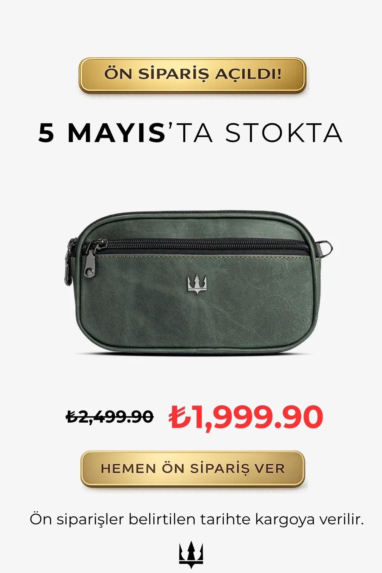 Yeşil deri bel çantası, fermuarlı kapak ve metal logo ile