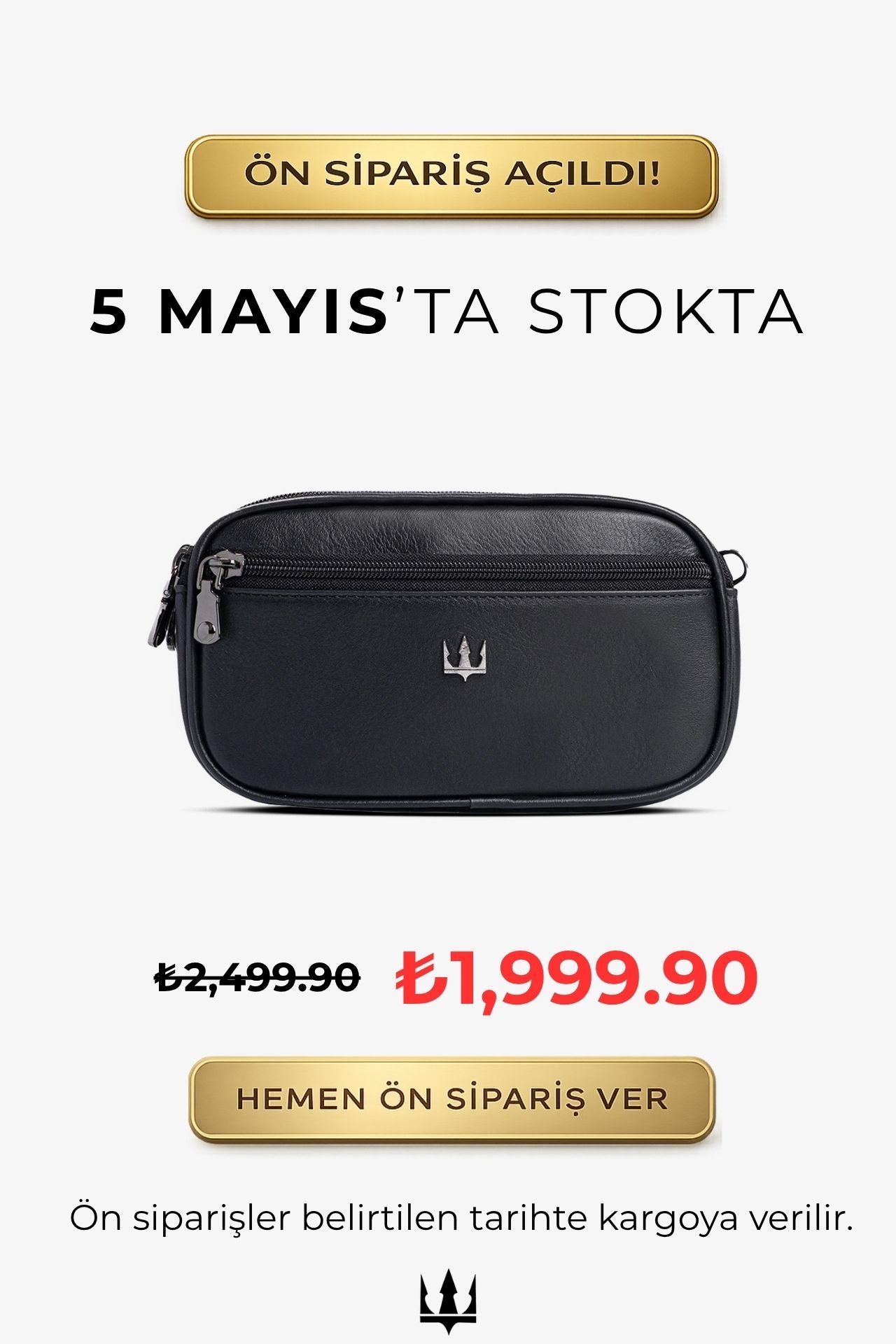 Siyah deri bel çantası, fermuarlı kapak ve metal logo detayı