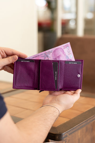 Prag Mekanizmalı Hakiki Deri Cüzdan