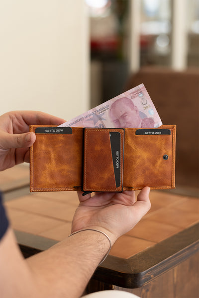 Prag Mekanizmalı Hakiki Deri Cüzdan