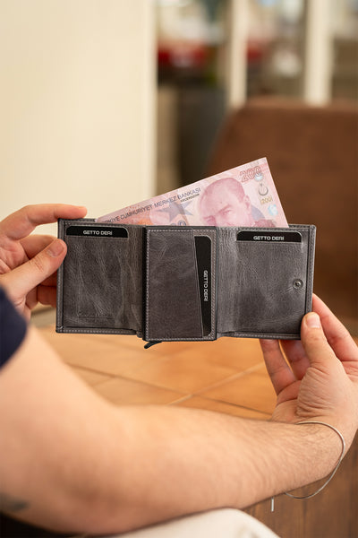 Prag Mekanizmalı Hakiki Deri Cüzdan