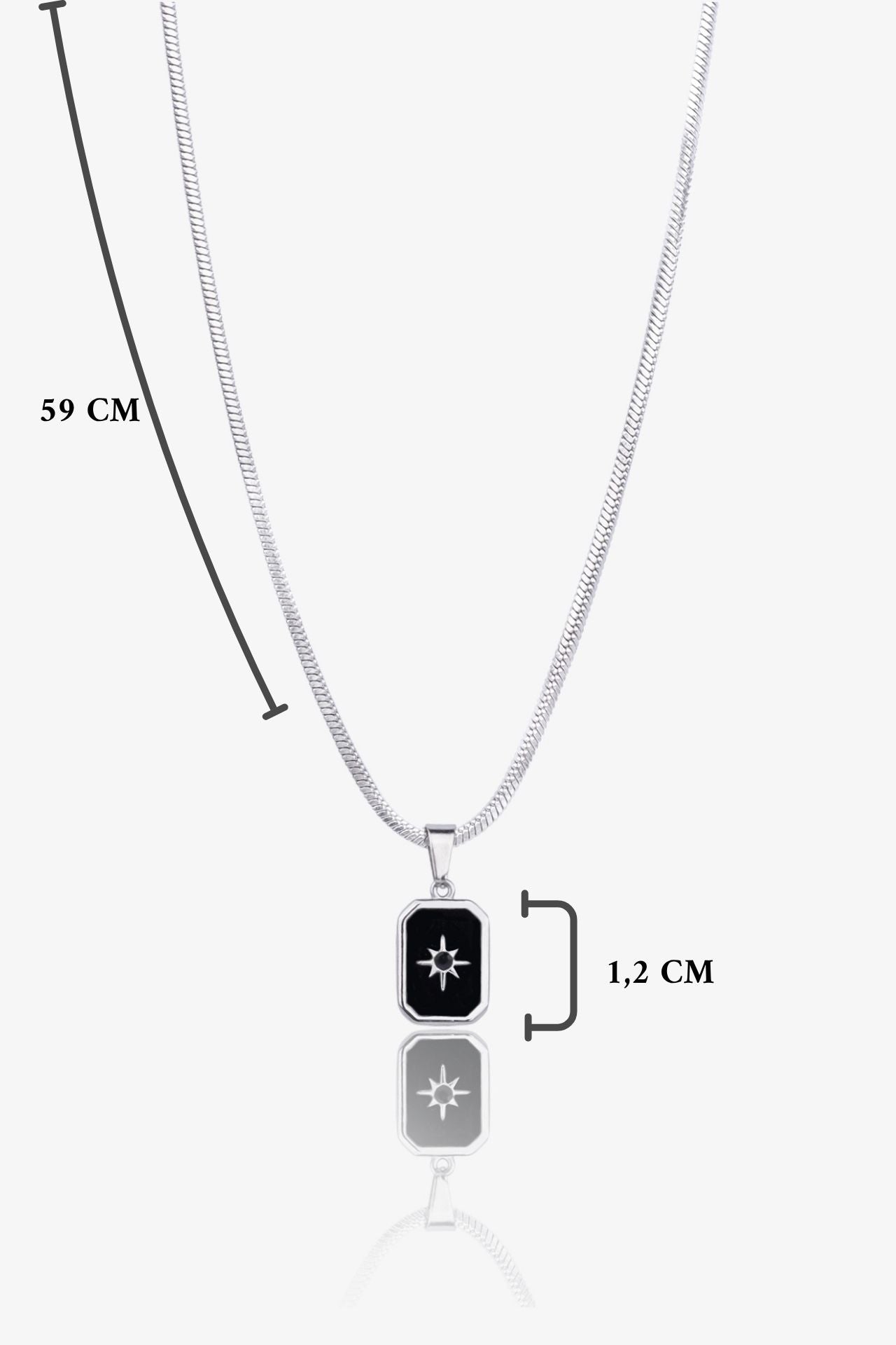 Gümüş zincirli siyah taşlı kolye, 59 cm uzunlukta, 1,2 cm genişliğinde
